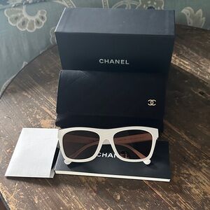 CHANEL White Frame Sunglasses with Brown Lenses - Women's Designer Shades